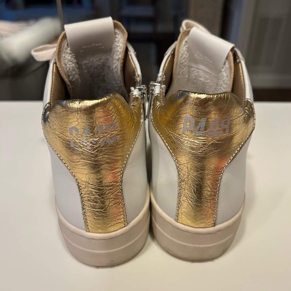 P448 High-Top Sneakers LN Gold /White Sz 39 (9) side zip - Picture 2 of 4